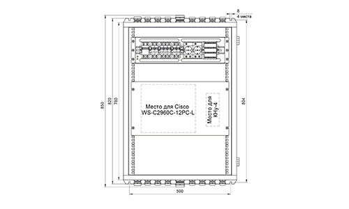Общий вид, габаритные и установочные размеры шкафа ШВН‑16U‑тип 2-НЕРЖ
