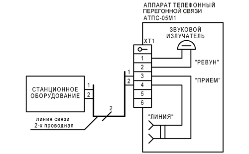Схема подключения телефона АТПС-05М1Т к 2-х проводной линии связи