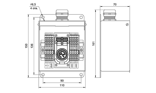 Общий вид, габаритные и установочные размеры бокса ВПС-02