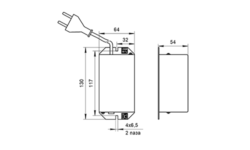 ОБЩИЙ ВИД, ГАБАРИТНЫЕ И УСТАНОВОЧНЫЕ РАЗМЕРЫ БЛОКА ПИТАНИЯ ИЗЛУЧАТЕЛЯ